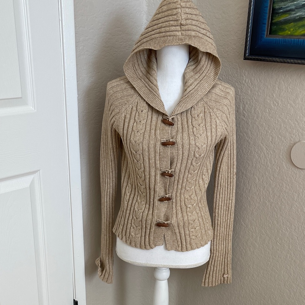 Aeropostale Cozy Beige Cable Knit Hooded Cardigan